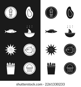 Set Shark fin soup, Fish, Octopus on plate, Mussel, Sea urchin, Puffer fish, Jellyfish and Fishing bucket with fishes icon. Vector