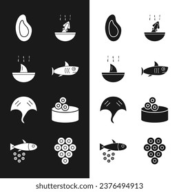 Set Shark, fin soup, Mussel, Soup with octopus, Stingray, Tin can caviar, Caviar and Fish icon. Vector