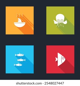 Set Shark fin soup, Octopus, Fishes and  icon. Vector