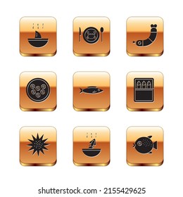 Set Shark fin soup, Sea urchin, Soup with octopus, Fish, Caviar on plate, Shrimp, Puffer fish and Served crab icon. Vector