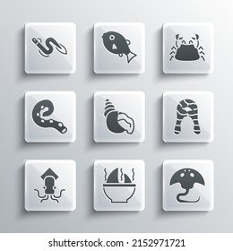 Set Shark fin soup, Stingray, Fish steak, Scallop sea shell, Octopus, of tentacle, Eel fish and Crab icon. Vector