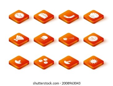 Set Shark fin soup, Takoyaki, Scallop sea shell, Octopus, Soup with octopus, Sushi, Sea urchin and Jellyfish on plate icon. Vector