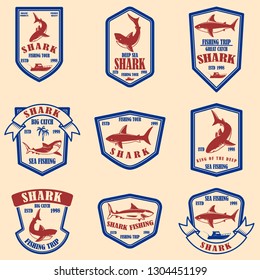Set of shark fishing emblems. Design element for logo, label, sign, poster, t shirt. Vector illustration