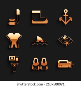 Set Shark, Flippers for swimming, Flashlight diver, Action extreme camera, Wetsuit scuba diving, Anchor and Snorkel icon. Vector