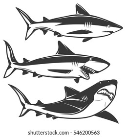 Set of shark icons isolated on white background. Design element for logo, label, emblem, sign, brand mark. Vector illustration.