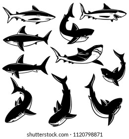 Set of shark illustrations. Design element for logo, label, print, badge, poster. Vector image