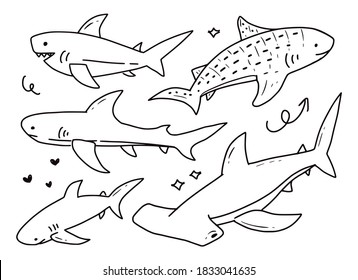 Set of shark line art doodle outline illustration vector