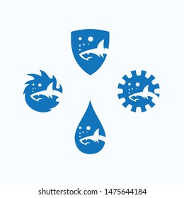 A set of Shark Logo sign and symbol on blue color in shield, water drop and industrial sign 