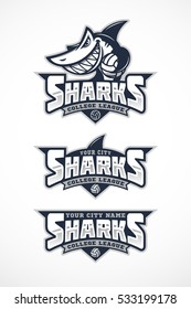 Set of shark mascot for a volleyball team. Vector illustration.