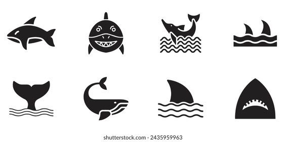 A set of shark related vector design. Shark tail, fins, face and so on. Vector icon set related to shark.