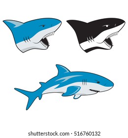 Set of a shark and shark's heads with open jaws in color and black & white