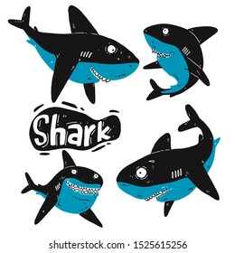 Set of shark silhouette. Hand drawn vector illustration. Outline with transparent background.