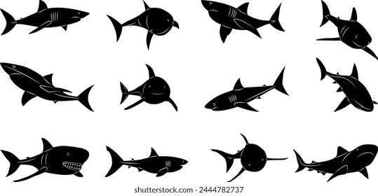 set of shark silhouette on white background vector