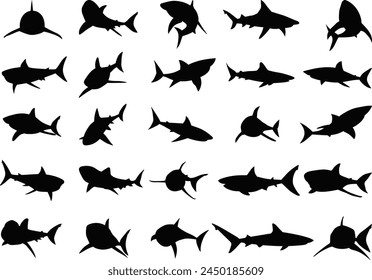 set of shark silhouette on white background vector