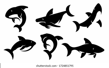 Set of shark silhouettes. Six cute cartoon sharks