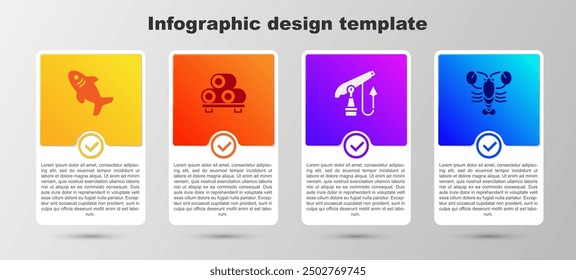 Set Tiburón, Sushi en tabla de cortar, Arpón de pesca y Langosta. Plantilla de infografía de negocios. Vector