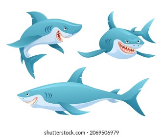 Set of shark in various poses cartoon illustration