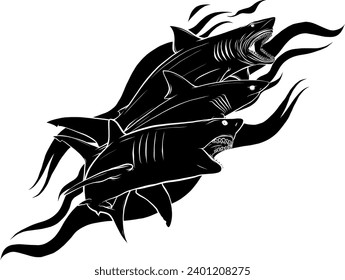 Set of Shark vector silhouettes. Sea fish, animal swimming, fauna illustration. For graphic emblems