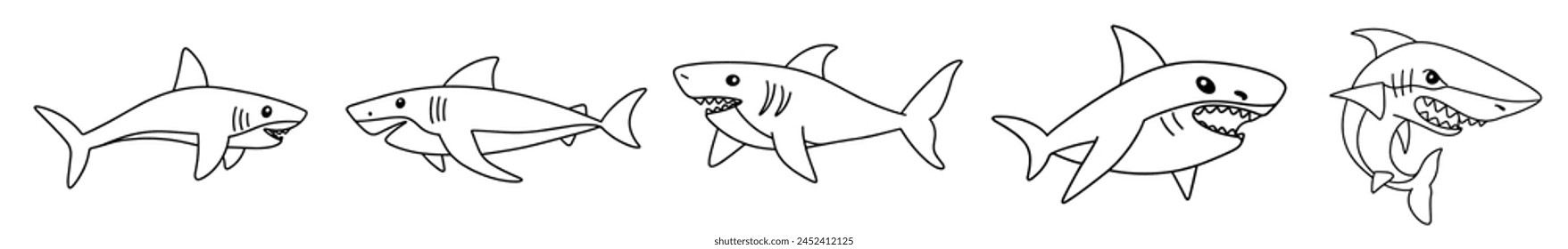 Set of sharks in doodle style. Hand drawn vector art.