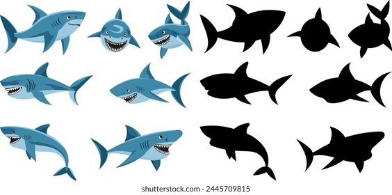 conjunto de tiburones en estilo plano sobre fondo blanco Vector