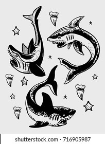 Set of sharks. Old school tattoo style. Vector illustration