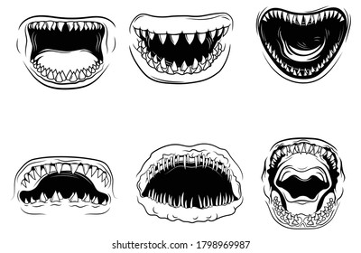 Set of sharks with open mouth. Collection of silhouettes of predatory swimming marine fish. Fish for logotype. Jaws of a predatory fish with sharp teeth. Vector illustration for on white background.