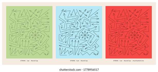 Set of Sharp Arrow Vectors Various Density and Dashed on Colorful Backgrounds