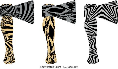 set of sharp axes in op art style on white background tool industry concept