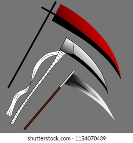 Set of Sharp Death Scythes isolated on grey background. Red or Wrapped Scythe. Weapon Set. Halloween element. Vector Illustration.