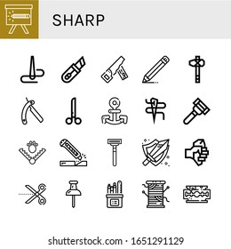 Set of sharp icons. Such as Pencil, Needle, Cutter, Hand saw, Axe, Shaving razor, Scissors, Anchor, Razor, Trap, Razor blade, Sword, Push pin, Pencil box, Thread , sharp icons