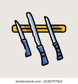Set of Sharp Kitchen Knives Hanging on Wall Rack in Modern Flat Style Illustration