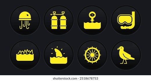 Set Sharp stone reefs, Diving mask and snorkel, Shark fin ocean wave, Ship steering wheel, Periscope, Aqualung, Bird seagull and Jellyfish icon. Vector