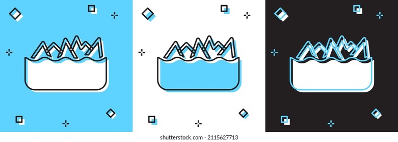 Set Sharp stone reefs protruding from the sea, a danger to sea ships and vessels icon isolated on blue and white, black background.  Vector