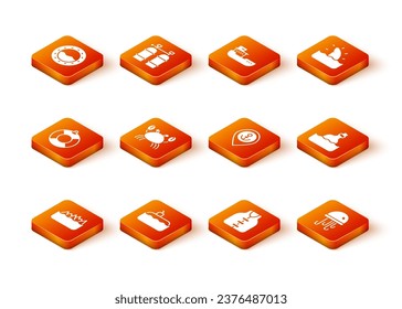 Set Sharp Stone Riffe, U-Boot, Lifebuoy, Crab, Jacke, Standort mit Anker, Quallen und Flasche Nachricht Wasser Symbol. Vektorgrafik