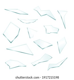 Set of sharp transparent shatters. Realistic shards, fragments shattered broken glass or plastic. Vector 3d illustration isolated on white background.