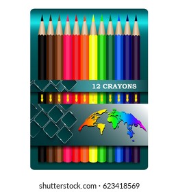 Set of Sharpened Crayons in Luxury Colorful Package with World Map Colored Rainbow Colors. 3D Vector Rendering