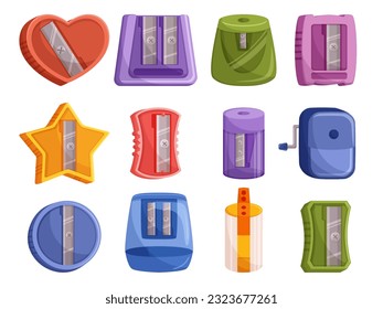 Set Of Sharpeners, Perfect For Keeping Pencils Sharp And Ready For Use. Includes Different Sizes And Styles To Accommodate Various Pencil Types And Artistic Needs. Cartoon Vector Illustration