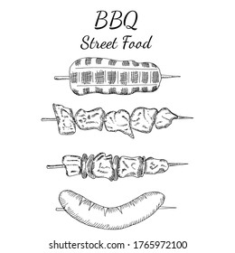Set of shashlik meat on skewer, shawarma, doner kebab isolated on white background. Vector hand drawn sketch illustrations in doodle outline style. Concept of menu, street fast food, meat, chicken