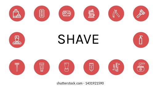 Set of shave icons such as Shaving cream, Shaving razor, Razor blade, Barbershop, Razor, Shaving brush, Shaver, Wax, Barber, Gel , shave