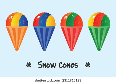 set of shaved ice on cones design vector flat modern isolated illustration