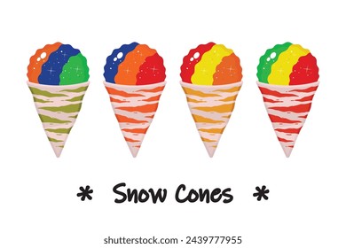 Set of shaved ice on cones modern vector illustration