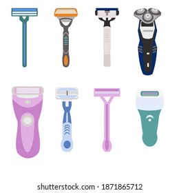Set of shavers for woman and for men Flat illustration