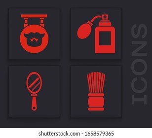 Set Shaving brush, Barbershop, Aftershave bottle with atomizer and Hand mirror icon. Vector