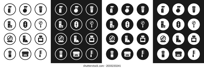 Set Haarbürste, Rasierapparat, Gel-Schaum, Haartrockner-Pistolspritzer, Handspiegel, Aftershave und Make-up-Pulver mit Icon. Vektorgrafik
