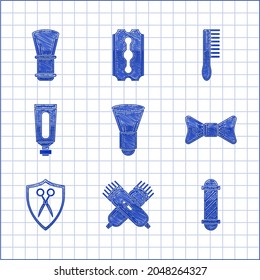 Set Shaving brush, Crossed electrical hair clipper or shaver, Classic Barber shop pole, Bow tie, Scissors hairdresser and shield, Cream lotion cosmetic tube, Hairbrush and  icon. Vector