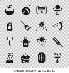 Set Shaving brush, Curling iron, Straight razor, Electrical hair clipper, Mop, Bottle of shampoo, Washbasin and Client barbershop icon. Vector