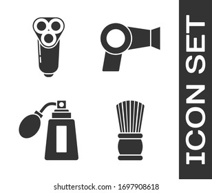 Set Shaving brush, Electric razor blade for men, Aftershave bottle with atomizer and Hair dryer icon. Vector