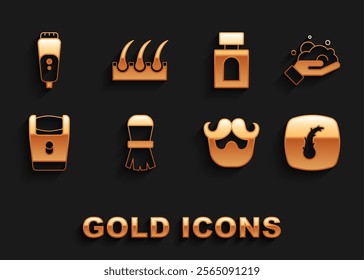 Set Shaving brush, foam on hand, Human hair follicle, Mustache beard, Electric razor blade, Aftershave,  and  icon. Vector