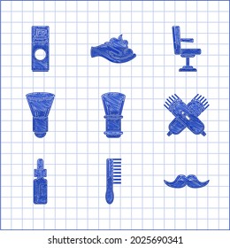 Set Shaving brush, Hairbrush, Mustache, Crossed electrical hair clipper or shaver, Glass bottle with pipette, Barbershop chair and gel foam icon. Vector