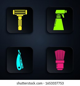 Set Shave-Bürste, Shave-Rasierapparat, Straight-Rasier und Friseur-Pistolsprühflasche. Schwarze Quadrat-Taste. Vektorillustration